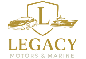 Gold logo with a large "L" inside a shield, flanked by outlines of a car and private jet. Below, the text reads LEGACY MOTORS & AVIATION representing luxury vehicle storage in Nassau & Suffolk County, NY