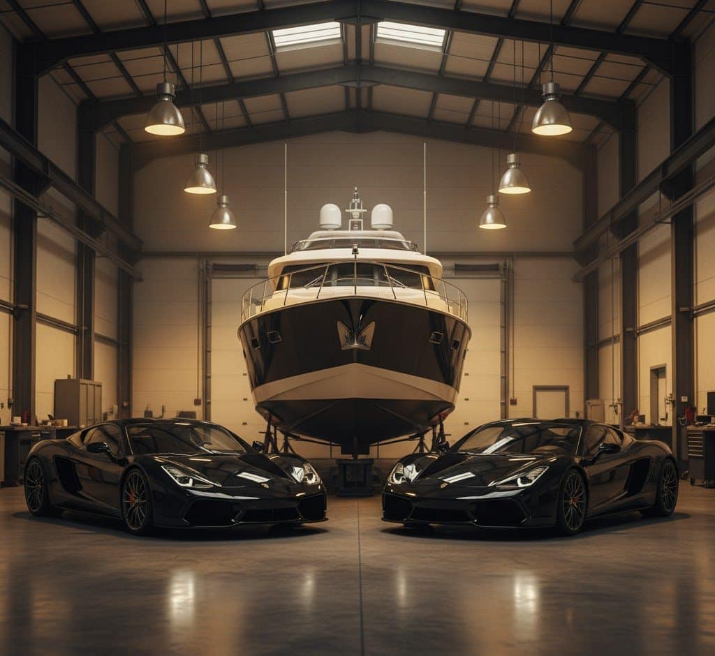 Two sleek black sports cars are parked side by side in a spacious, well-lit luxury vehicle storage facility in NY. A large yacht sits behind them, highlighting wealth and elegance in Nassau & Suffolk County. Industrial lights hang from the ceiling.