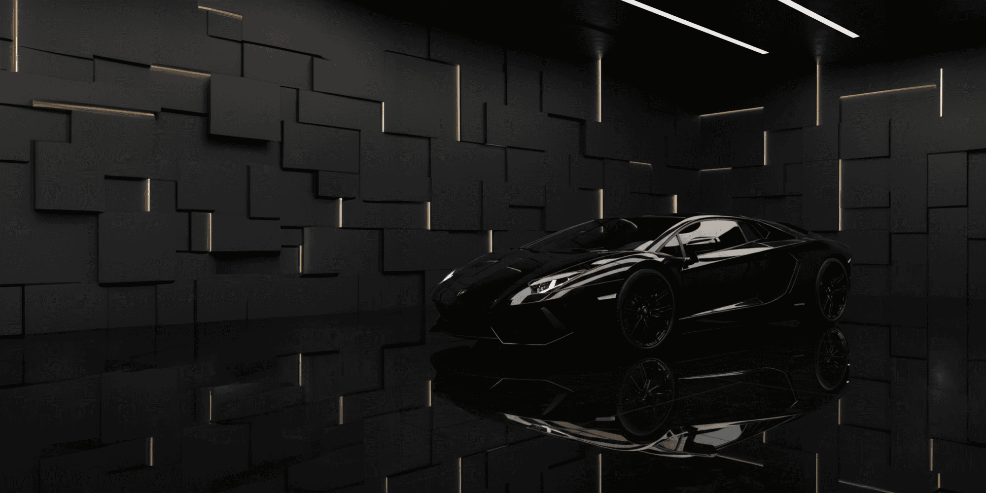 A sleek black sports car is parked in a modern, dimly lit room with geometric dark walls and reflective floors—a prime example of luxury vehicle storage in Nassau & Suffolk County, NY, where subtle yellow lighting creates a futuristic atmosphere.