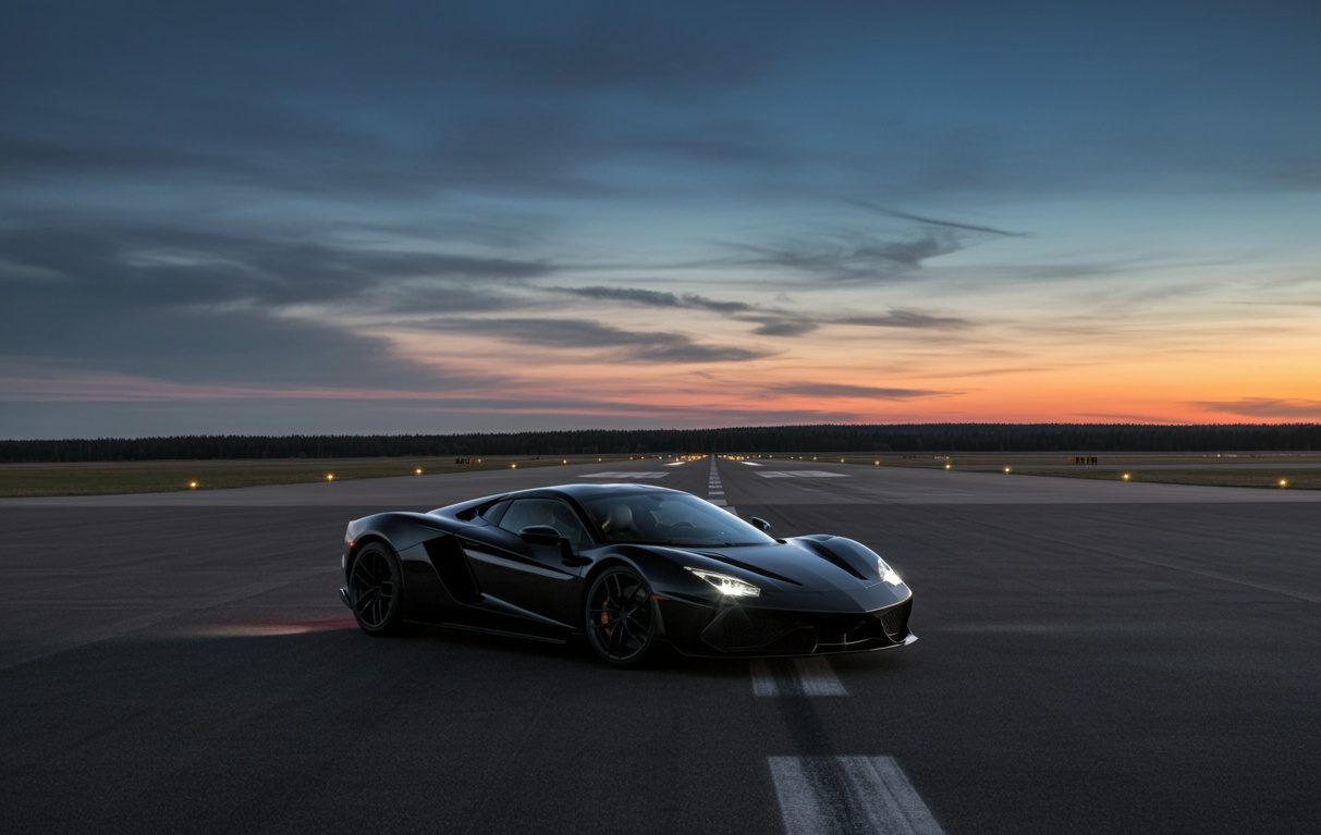 A sleek black sports car, fresh from luxury vehicle storage Nassau & Suffolk County, NY, is parked on an empty runway at dusk. Dramatic clouds frame a glowing sunset as runway lights stretch into the distance.