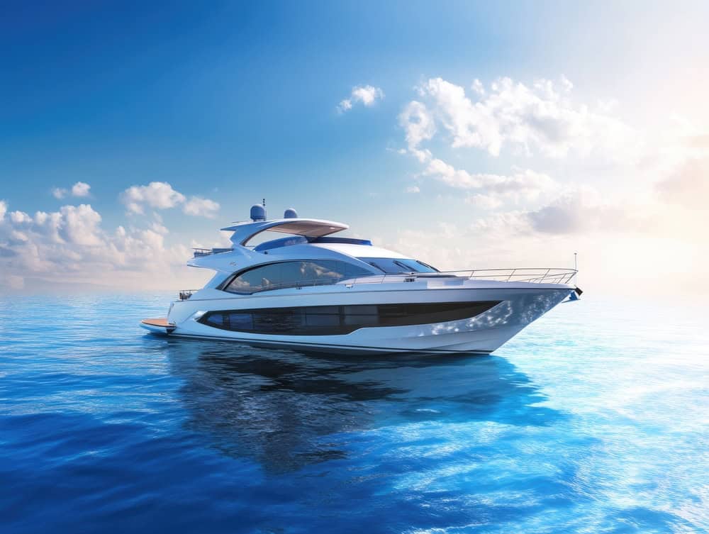 A modern white luxury yacht floats on calm, blue water under a bright sky with scattered clouds—perfect for those seeking luxury vehicle storage in Nassau & Suffolk County, NY along the picturesque coast.