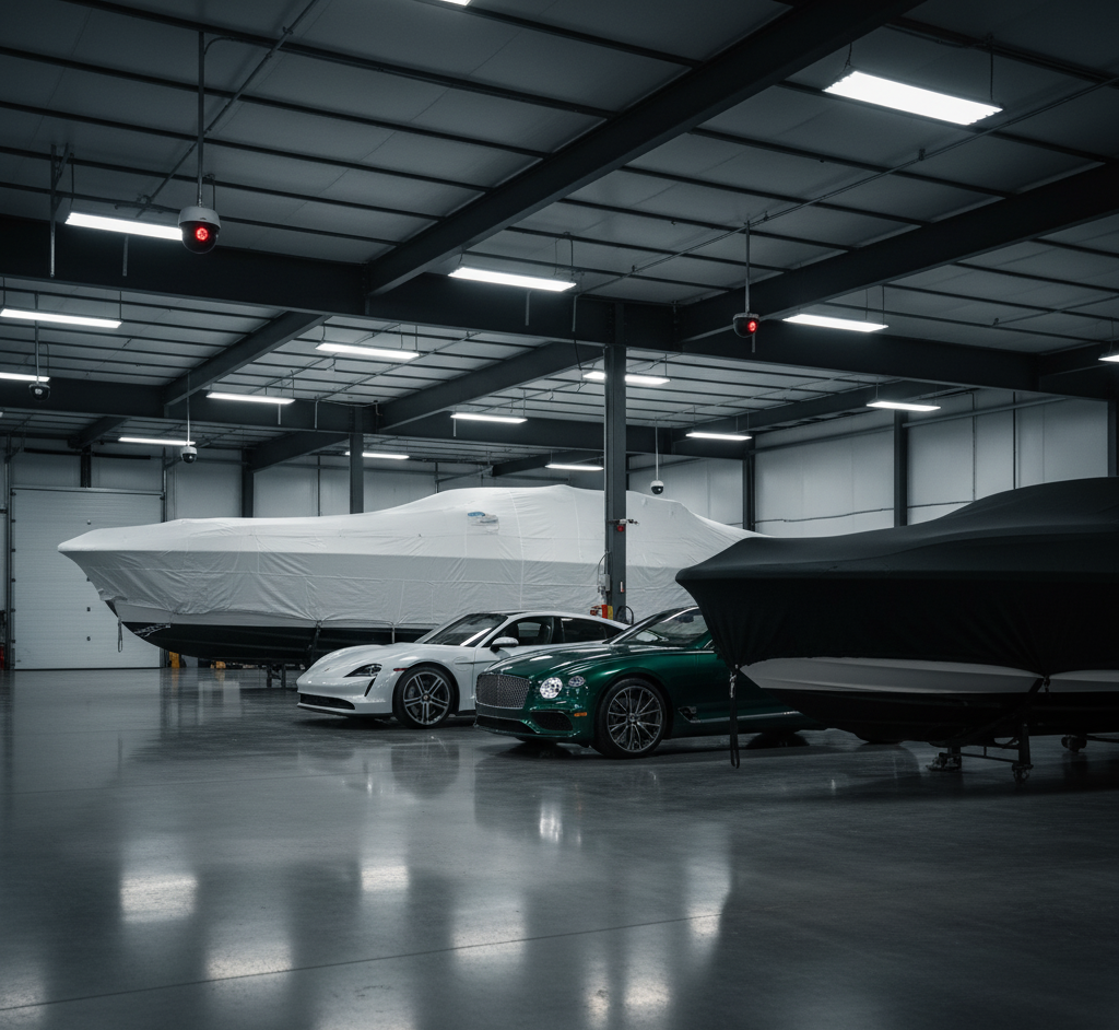Luxury cars and large boats, some covered, are parked inside a spacious, modern, well-lit NY indoor facility featuring luxury vehicle storage for Nassau & Suffolk County, with polished concrete floors and high ceilings.