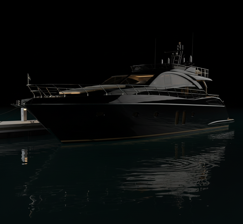 A sleek black luxury yacht is docked at a NY pier at night, with soft lighting highlighting its modern design and its reflection shimmering on the calm water—perfect inspiration for luxury vehicle storage in Nassau & Suffolk County.