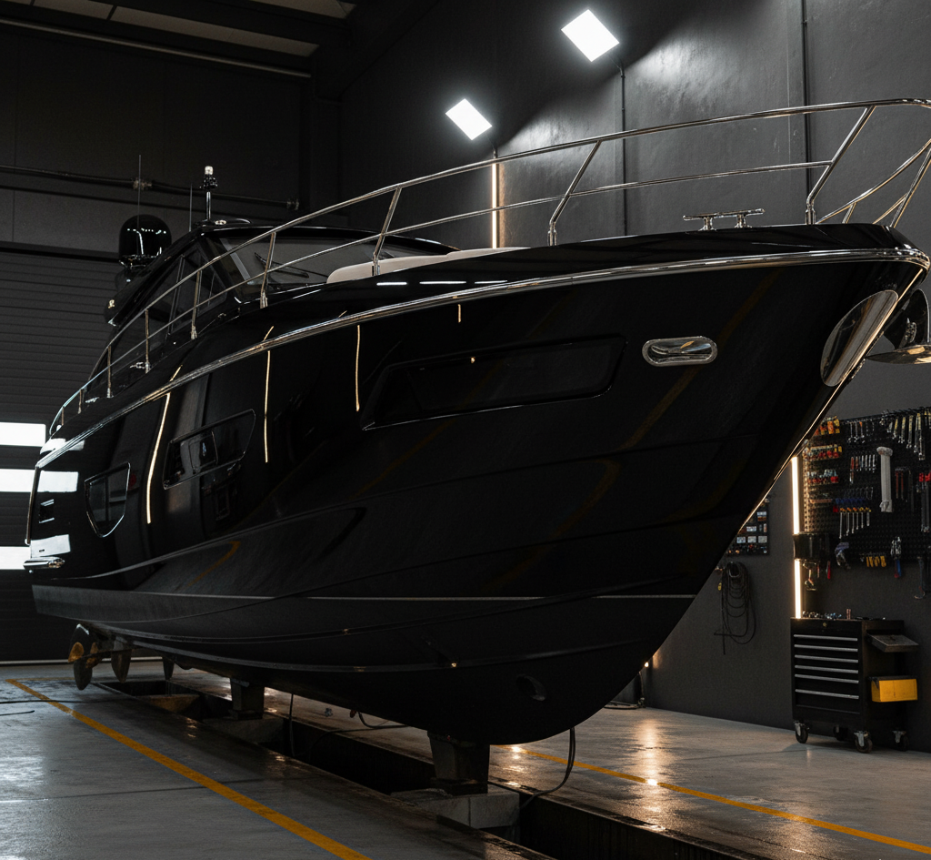 A sleek black luxury yacht is positioned indoors on supports, surrounded by tool cabinets and equipment in a well-lit, modern NY workshop specializing in luxury vehicle storage for Nassau & Suffolk County.