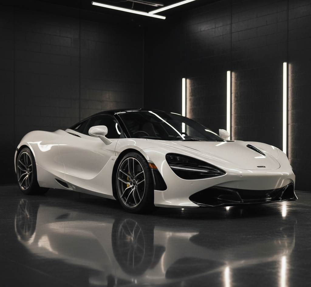 A sleek white sports car with black accents is parked indoors under modern lighting at a luxury vehicle storage Nassau & Suffolk County, NY. Its aerodynamic curves, large wheels, and low profile emphasize its high-performance design.