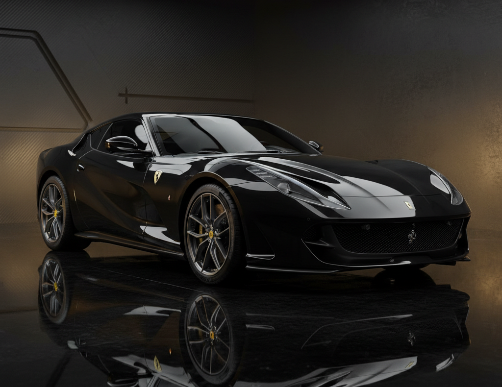 A sleek black Ferrari sports car is showcased in a dark NY studio, highlighting its aerodynamic curves and stylish design—perfect for those seeking luxury vehicle storage in Nassau & Suffolk County.