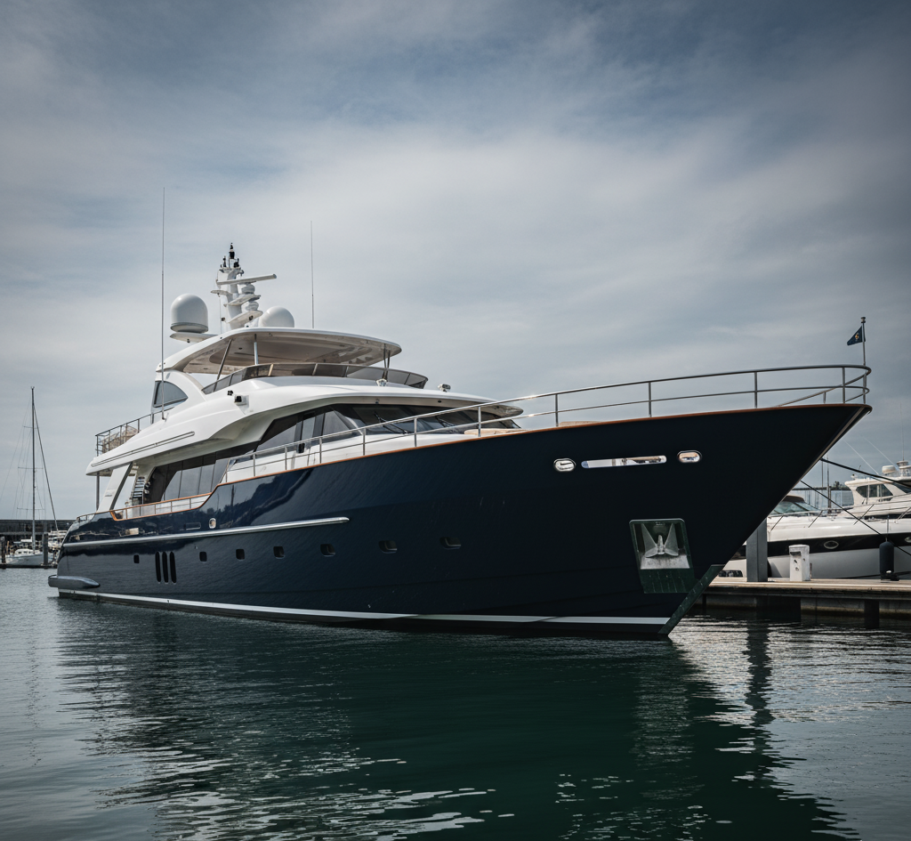 A large, luxurious yacht with a dark blue hull is docked at a NY marina under a cloudy sky, highlighting the area's appeal for luxury vehicle storage in Nassau & Suffolk County, with other boats and calm waters surrounding it.
