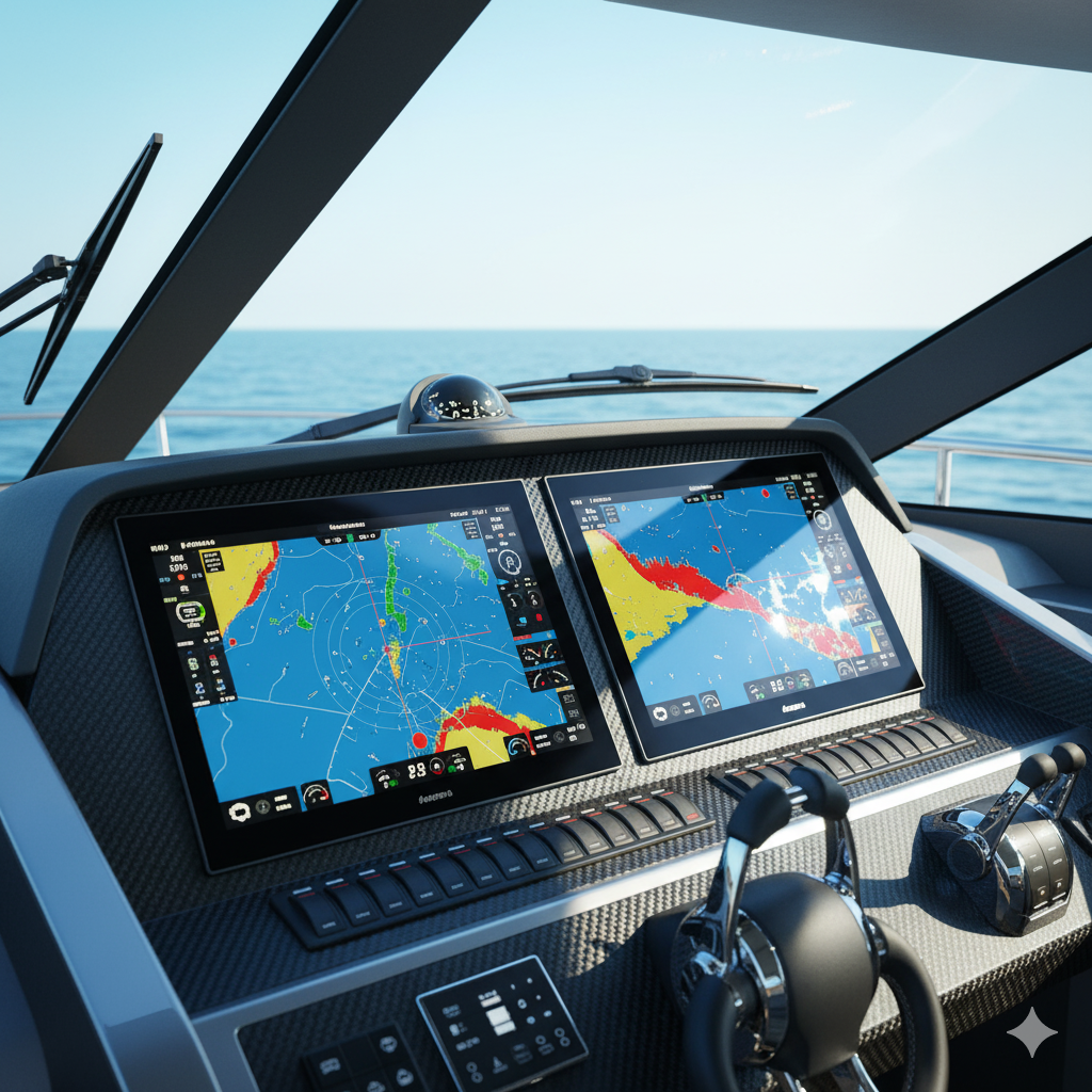 A modern boat cockpit featuring two large navigation screens displaying colorful marine charts and radar data, showcasing the same attention to detail found in luxury vehicle storage across Nassau & Suffolk County, NY. The ocean glistens through the windshield on a clear, sunny day.