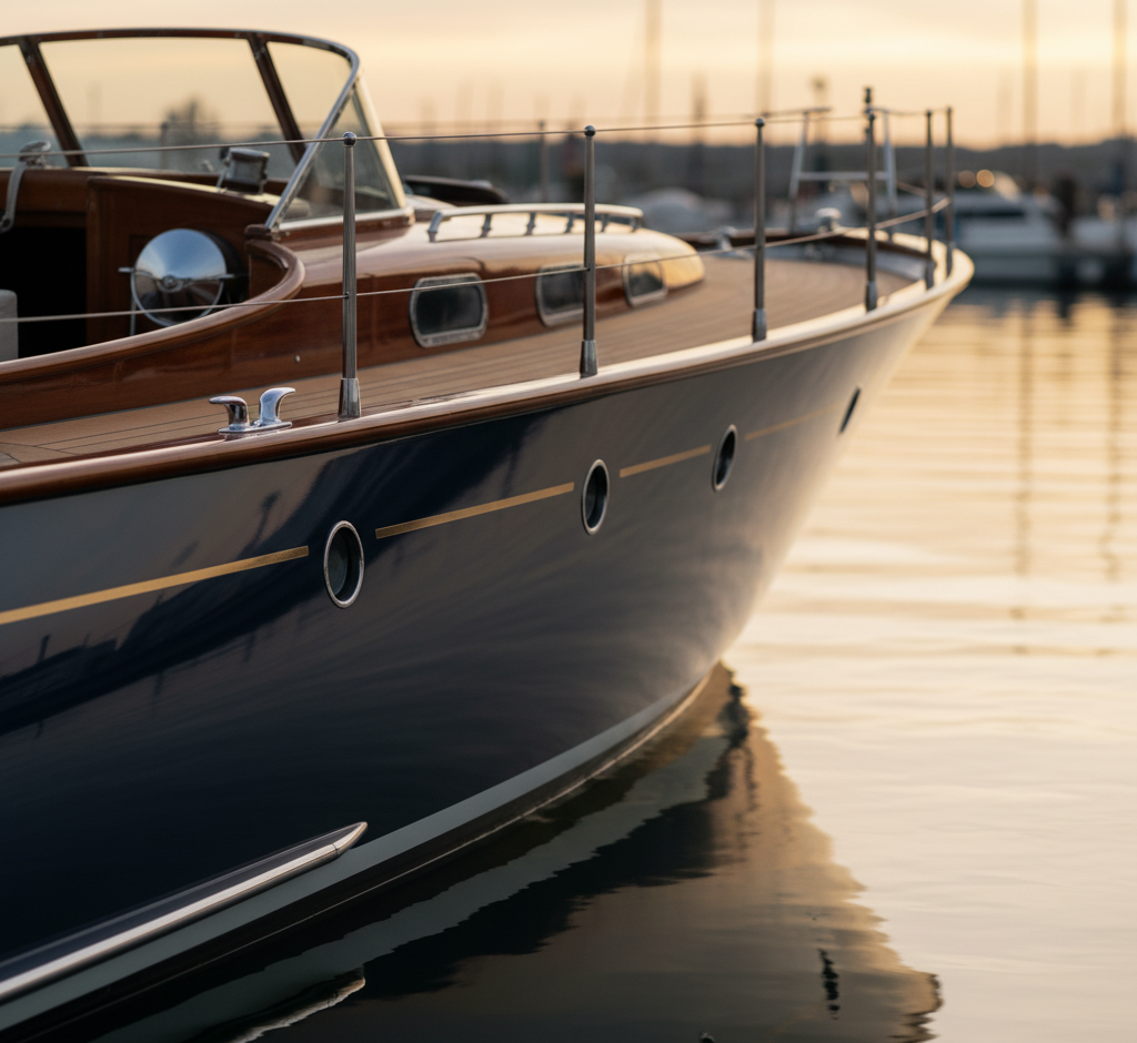 A close-up of a classic wooden yacht's bow, reflecting in calm marina waters at sunset, hints at the elegance found in luxury vehicle storage across Nassau & Suffolk County, NY, with other boats and masts blurred in the background.
