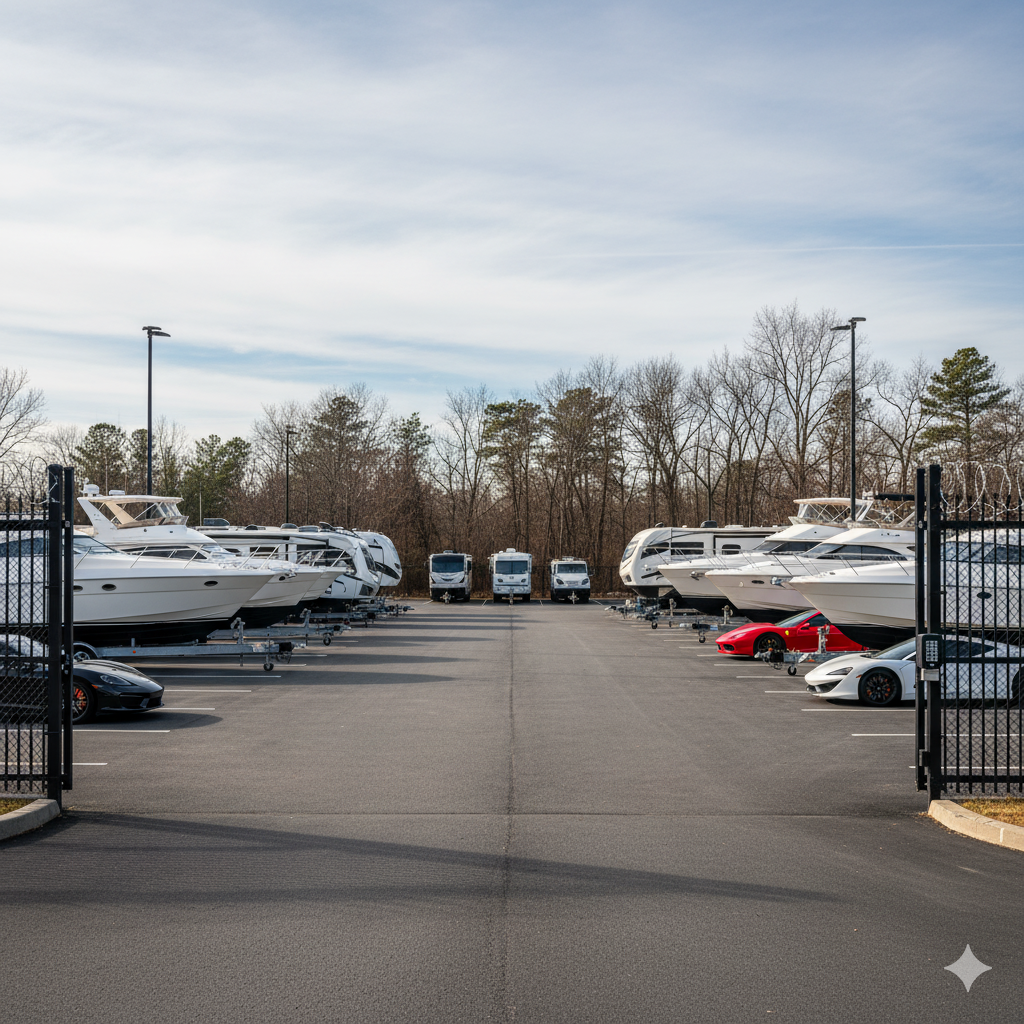 A gated storage lot in NY featuring several large yachts on trailers, RVs at the far end, and luxury cars parked along the sides—ideal for luxury vehicle storage in Nassau & Suffolk County on a clear day.