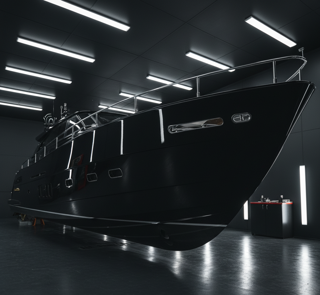 A sleek black yacht is displayed indoors under bright overhead lights, its glossy reflections highlighting modern design—an ideal showcase for luxury vehicle storage in Nassau & Suffolk County, NY. A small workbench with tools is visible in the background.
