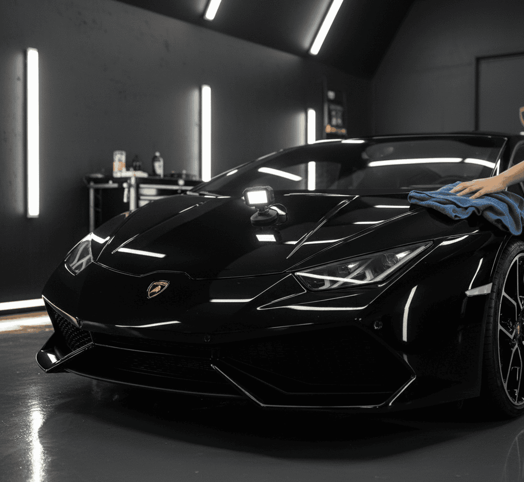 A person uses a blue cloth to polish a shiny black Lamborghini in a modern, well-lit garage with dark walls and vertical LED lights—ideal for luxury vehicle storage in Nassau & Suffolk County, NY.
