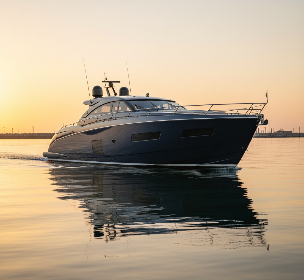 A sleek modern yacht cruises on calm water at sunset near NY, its reflection shimmering as an industrial shoreline and luxury vehicle storage in Nassau & Suffolk County faintly appear in the background.