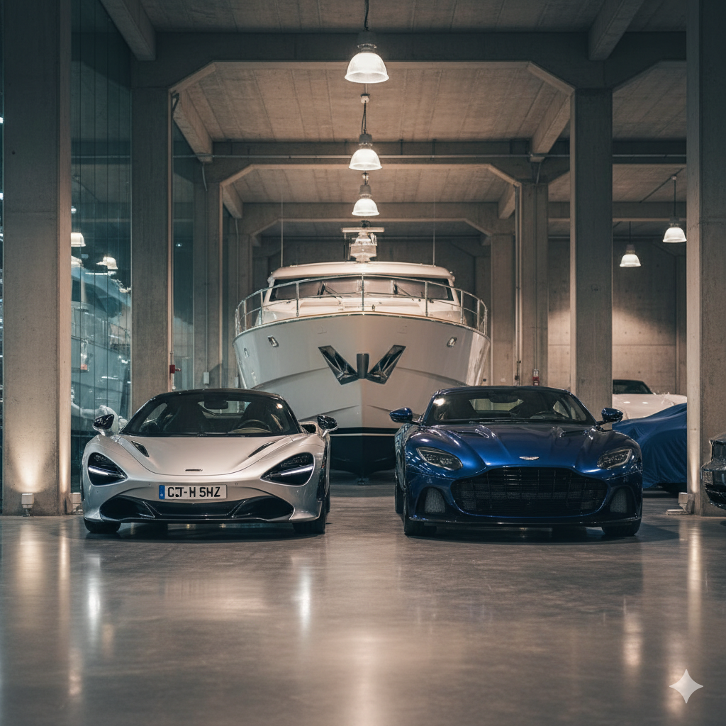 Two luxury sports cars, one silver and one blue, are parked side by side in a spacious, well-lit garage with a large yacht docked behind them—a stunning example of luxury vehicle storage in Nassau & Suffolk County, NY.