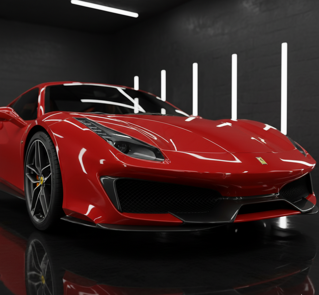 A sleek red sports car, likely a Ferrari, is parked in a modern, dimly lit NY garage with black walls and vertical white lights—showcasing the allure of luxury vehicle storage Nassau & Suffolk County.