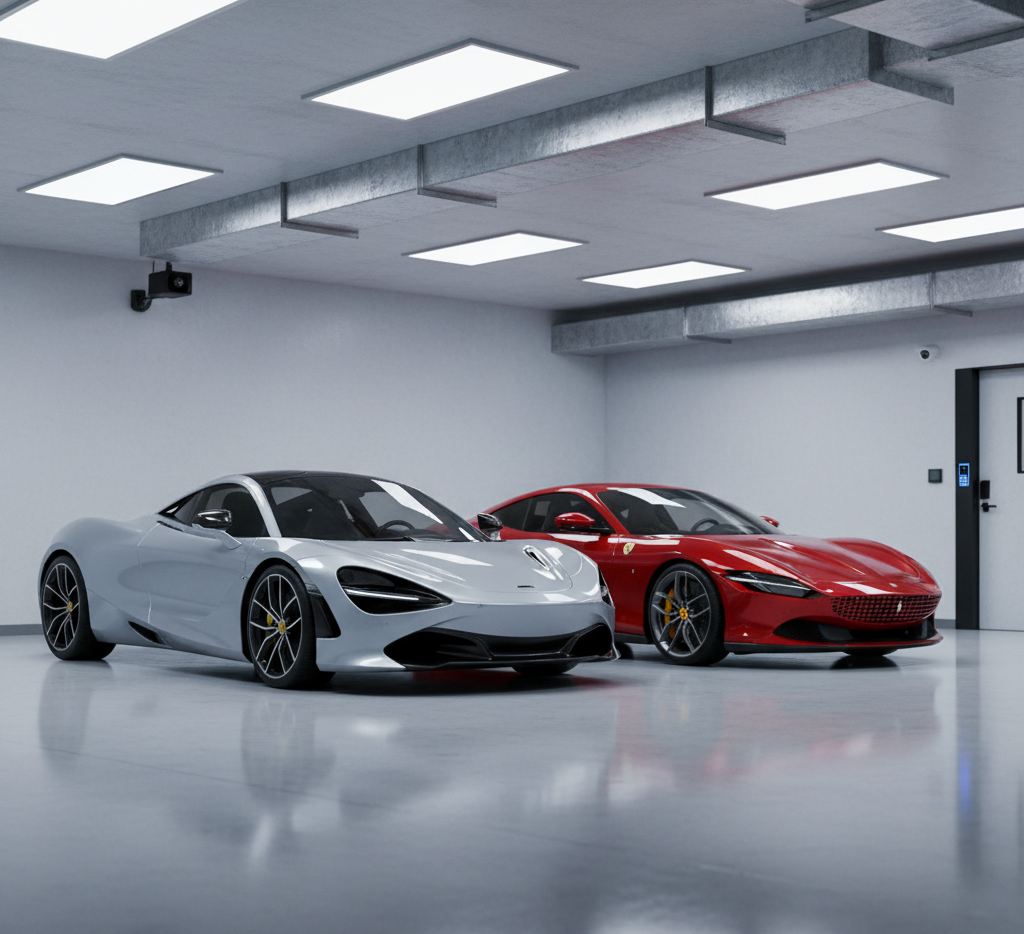 Two sleek sports cars, one silver and one red, are parked side by side in a clean, modern NY garage with white walls and bright lighting—a minimalistic, polished space perfect for luxury vehicle storage in Nassau & Suffolk County.