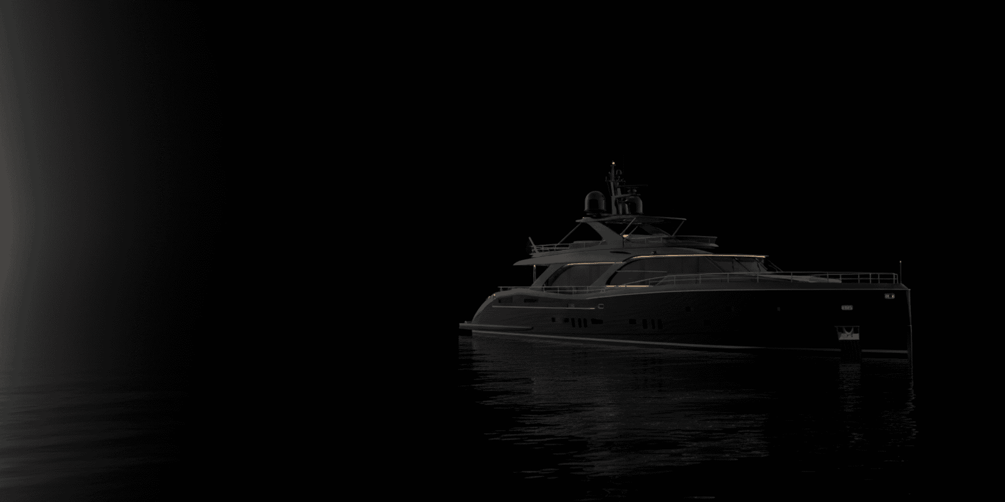 A luxury yacht with glowing lights is anchored on calm, dark water at night, its right side clearly visible—a striking scene reminiscent of luxury vehicle storage in Nassau & Suffolk County, NY.