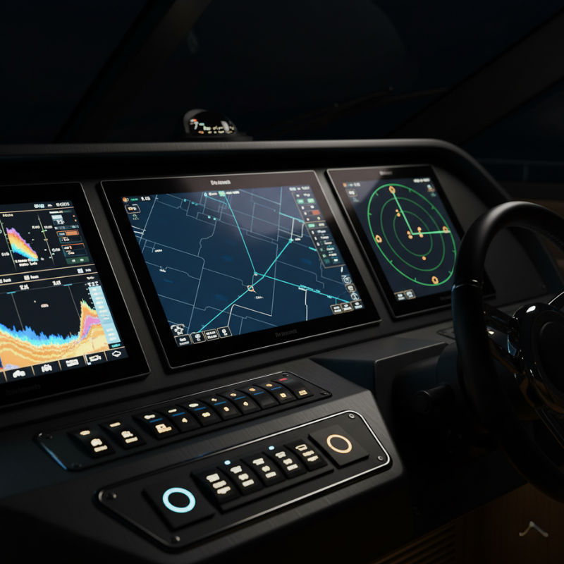 A close-up of a modern boat dashboard in NY shows three electronic navigation and radar screens with detailed maps, sonar data, and radar tracking—ideal for those seeking luxury vehicle storage in Nassau & Suffolk County.